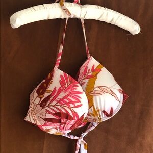 Floral Pink Halter Bikini Top with Tropical Leaf Print